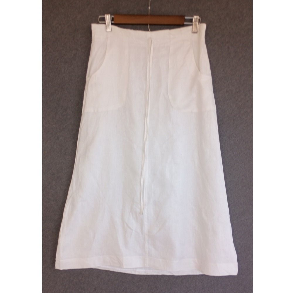 White 100% Linen Midi Skirt A-Line Elastic Waist Pockets Small Minimalist Boho